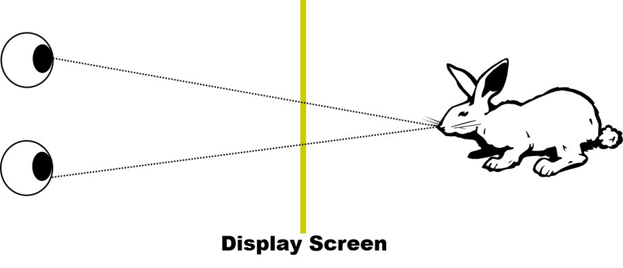 Diagram showing both eyes converging their gaze on a rabbit beyond the display screen, while their focus remains fixed at the screen plane.