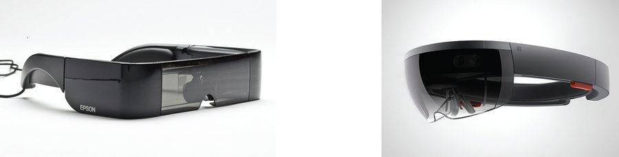 Two optical see-through AR headsets: an Epson Moverio-style visor and a Microsoft HoloLens.