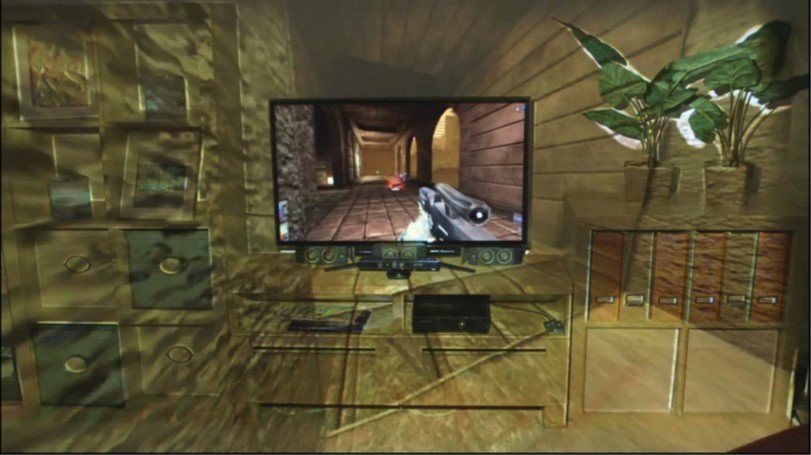 Microsoft IllumiRoom projecting an extended game display onto the walls and furniture of a living room.