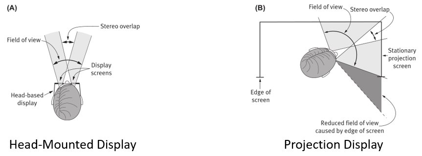 Diagram comparing field of view for a head-mounted display versus a projection display, including stereo overlap.