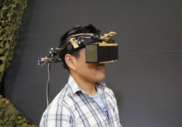A person wearing a bulky head-mounted display, illustrating a head-grounded display.