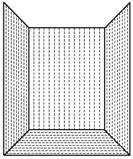 Diagram of a three-wall projection room showing polarization stripe orientation misaligning between the front wall, side walls, and floor.