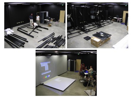 Three photos showing the construction of a room-scale projection display: assembling a truss frame, building the structure, and testing a projected image.