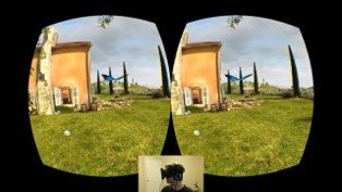 Stereo pair of a villa scene as seen through VR lens optics, showing pincushion-style curvature at the edges.