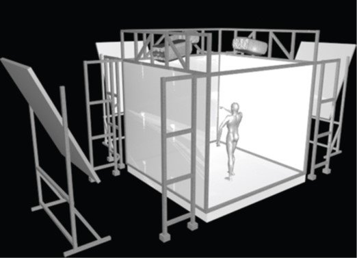 Rendering of a CAVE-style room-scale surround-screen display structure with a human figure inside.